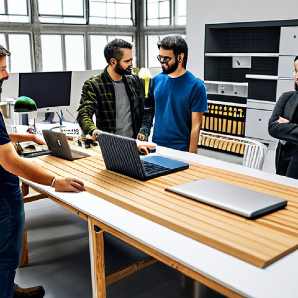 Collaborative Design Session**
"A diverse team of designers collaborating in a modern makerspace, reviewing a prototype design, fully clothed, professional environment, safe for work, perfect anatomy, natural proportions, high quality render, appropriate content."
**