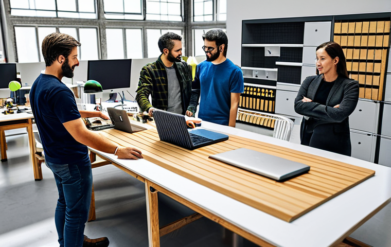 Collaborative Design Session**
"A diverse team of designers collaborating in a modern makerspace, reviewing a prototype design, fully clothed, professional environment, safe for work, perfect anatomy, natural proportions, high quality render, appropriate content."
**