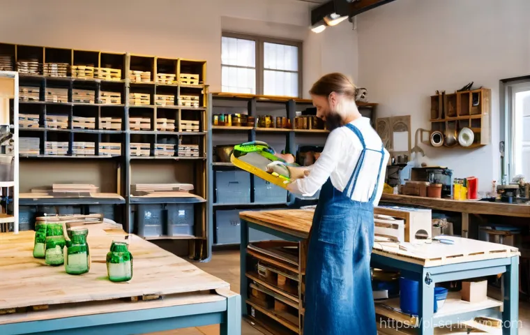 메이커스페이스와 지속 가능성 - **Prompt:** A bustling, sunlit makerspace in Poland, showcasing a dynamic "zero waste" workshop. In ...