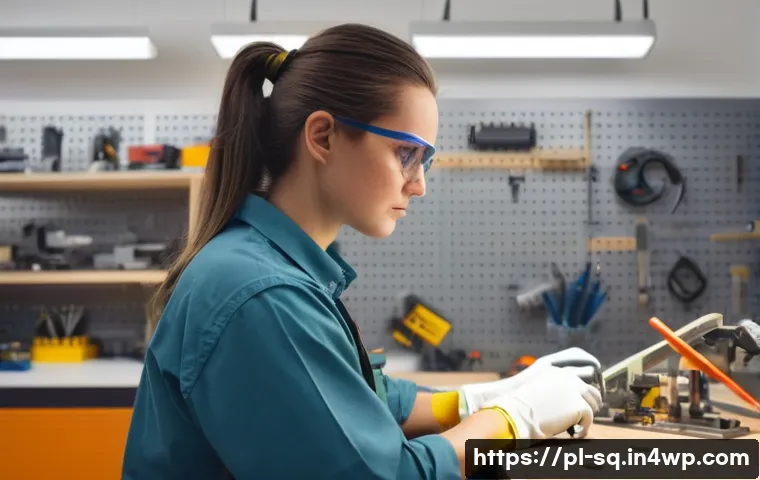메이커스페이스의 안전 수칙 - **Prompt: Focused Preparation and Personal Safety in a Modern Makerspace**
A young adult, perhap...