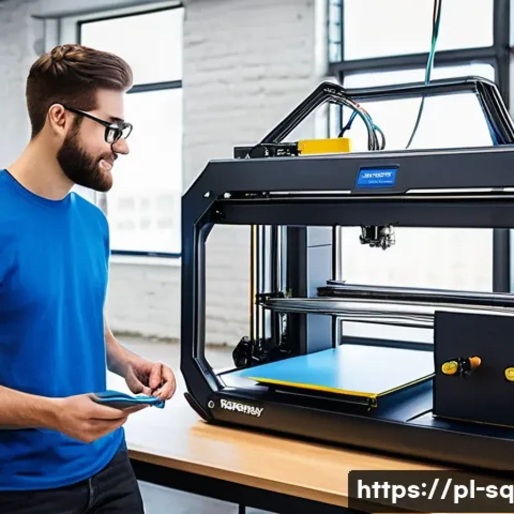 메이커스페이스에 적합한 장비 리스트 - A modern makerspace workshop featuring a large 3D printer with a spacious build platform actively pr...