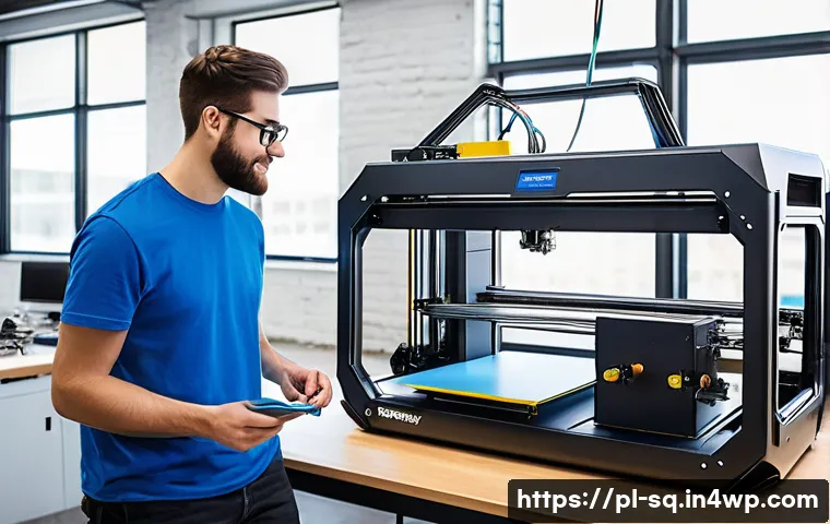 메이커스페이스에 적합한 장비 리스트 - A modern makerspace workshop featuring a large 3D printer with a spacious build platform actively pr...