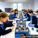 Home 22 메이커스페이스와 STEM 교육의 관계 - A modern school makerspace classroom filled with diverse Polish students aged 14-16 actively engaged...