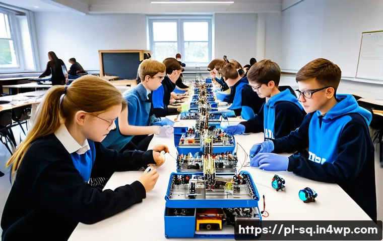 메이커스페이스와 STEM 교육의 관계 - A modern school makerspace classroom filled with diverse Polish students aged 14-16 actively engaged...