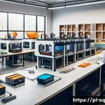 Home 21 메이커스페이스와 기업 연계 프로젝트 - A modern makerspace workshop filled with diverse professionals collaborating on advanced technology ...