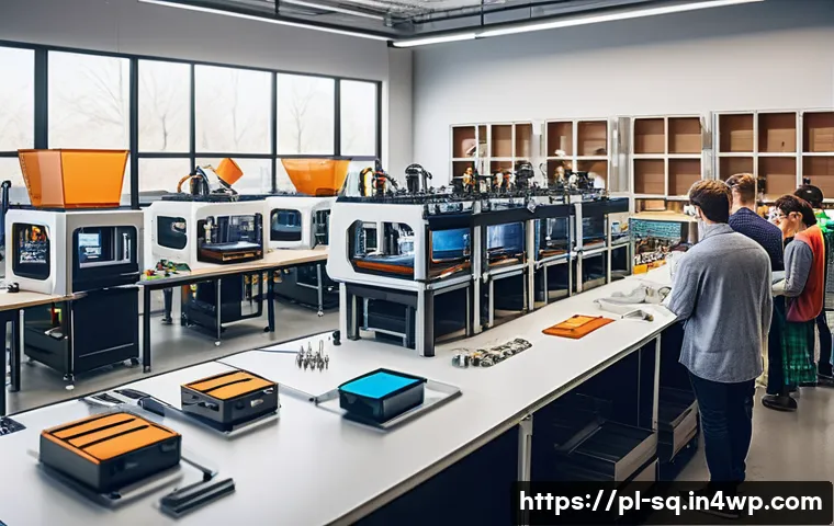 메이커스페이스와 기업 연계 프로젝트 - A modern makerspace workshop filled with diverse professionals collaborating on advanced technology ...