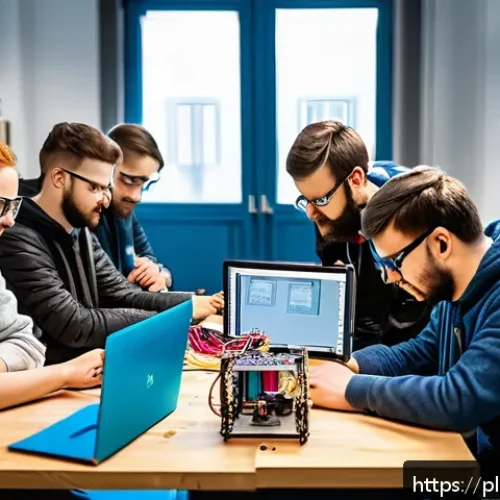 Home 32 메이커스페이스의 직업 교육 기회 - A vibrant makerspace interior in Poland featuring diverse young professionals and students collabora...