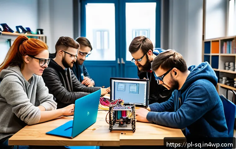 메이커스페이스의 직업 교육 기회 - A vibrant makerspace interior in Poland featuring diverse young professionals and students collabora...