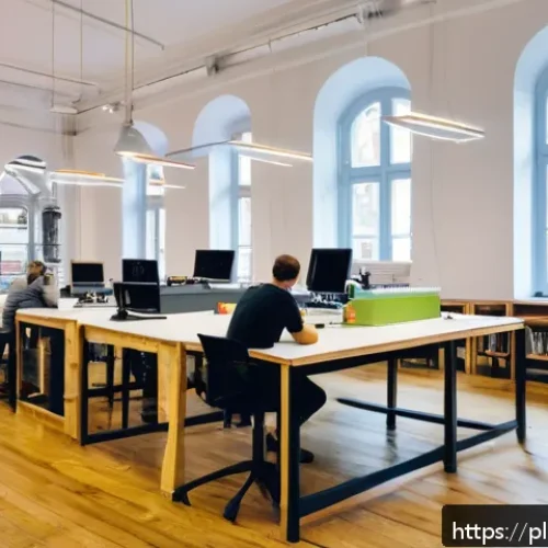 Home 31 메이커스페이스와 공공기관의 협력 사례 - A modern urban makerspace interior in a renovated historical building in Poland, featuring diverse p...