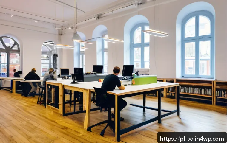 메이커스페이스와 공공기관의 협력 사례 - A modern urban makerspace interior in a renovated historical building in Poland, featuring diverse p...