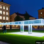 Home 18 메이커스페이스에서의 인터랙티브 작품 제작 - A modern interactive installation in a public urban square in Poland, featuring sleek aluminum and w...