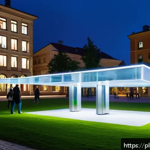 Home 30 메이커스페이스에서의 인터랙티브 작품 제작 - A modern interactive installation in a public urban square in Poland, featuring sleek aluminum and w...