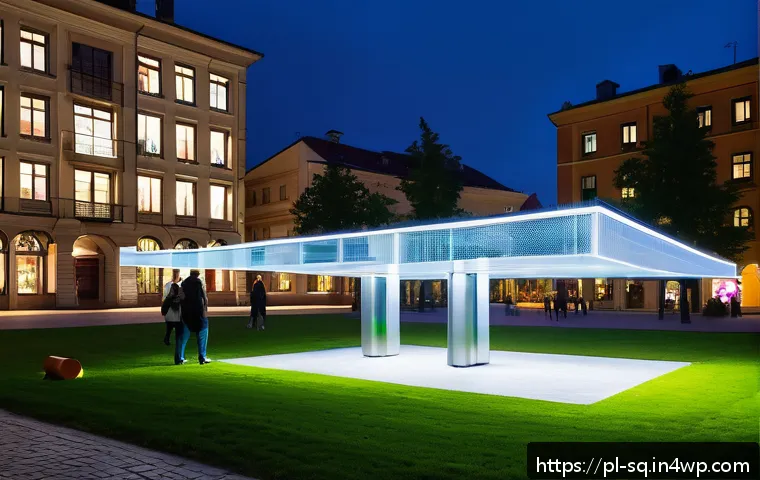 메이커스페이스에서의 인터랙티브 작품 제작 - A modern interactive installation in a public urban square in Poland, featuring sleek aluminum and w...