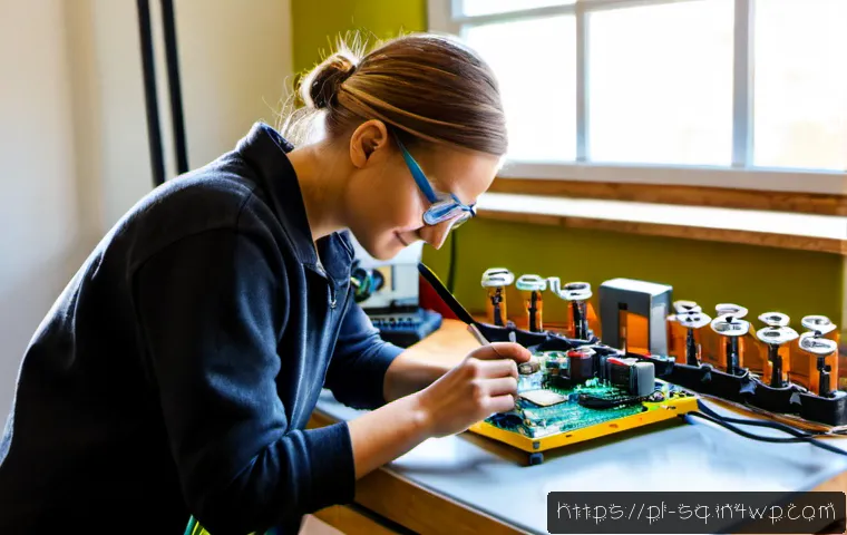 Home 17 메이커스페이스에서 전자공작 배우기 - Photorealistic Polish community makerspace workshop, an adult beginner wearing safety glasses carefu...